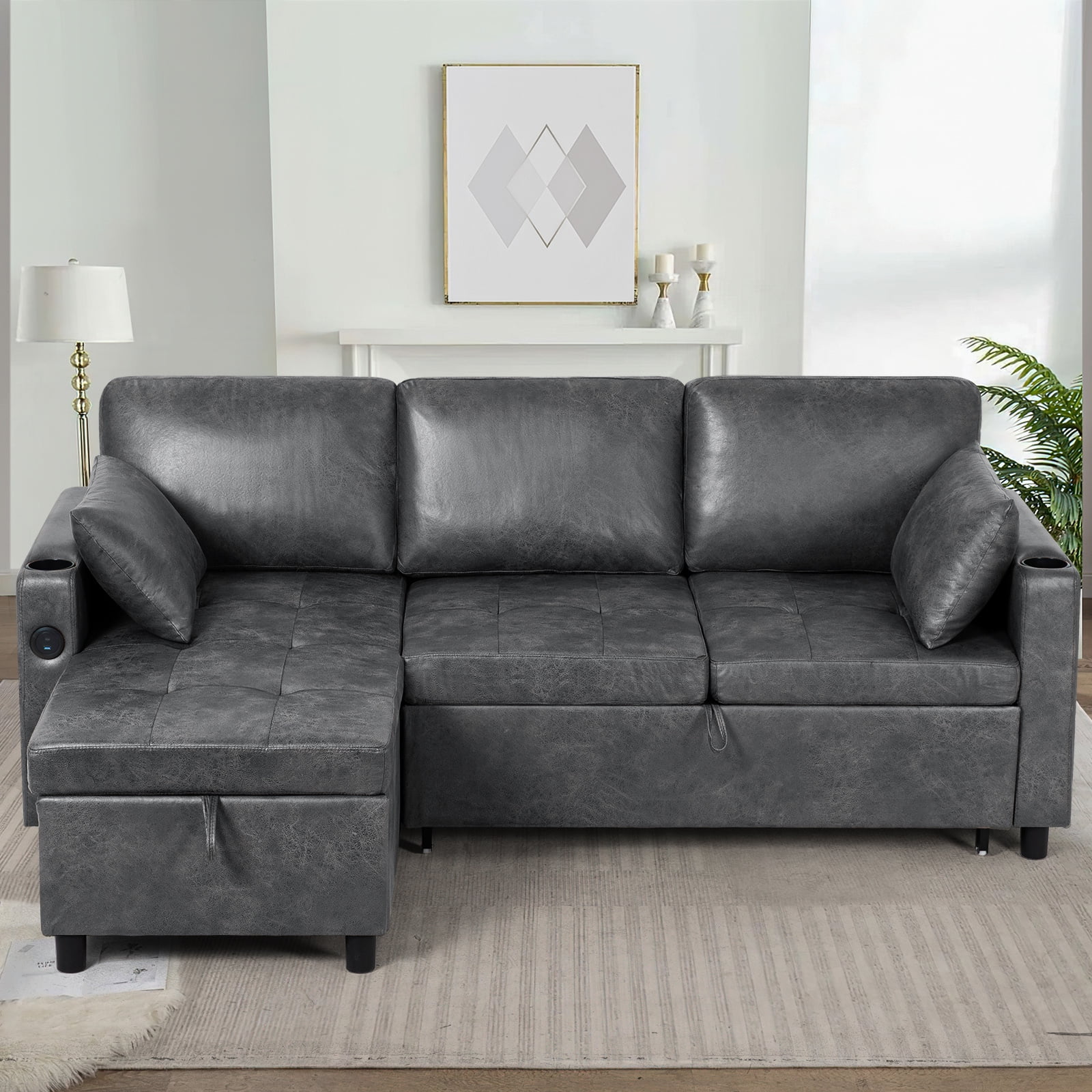 ACMEASE 84" Suede Leather Sectional Sofa w/Adjustable Backrests, Pull Out Sofa Bed w/USB Charger Port& Reversible Storage Chaise,Convertible L-Shaped Sofa with Cup Holders for Living Room, Gray
