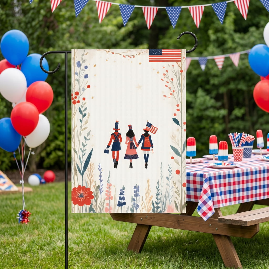 America 250 Garden Flag: A group of people walking through a field of flowers. with America 250 Decorations for July 4th Outside
