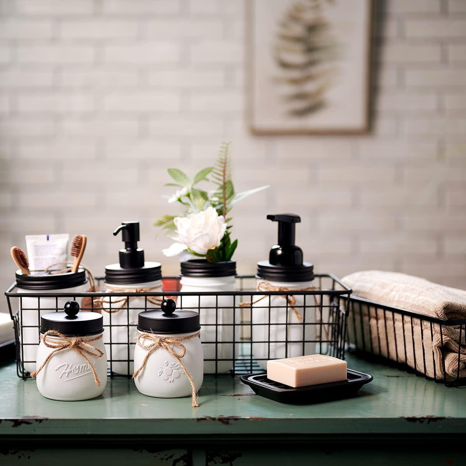 6Pcs Mason Jars Bathroom Accessories Set Complete - Toothbrush Holder, Lotion Soap Dispenser, 2 Mason Jars, Soap Dish, Toilet Paper Basket, Rustic Farmhouse Decor (Brown, 6Pcs Bathroom Set)