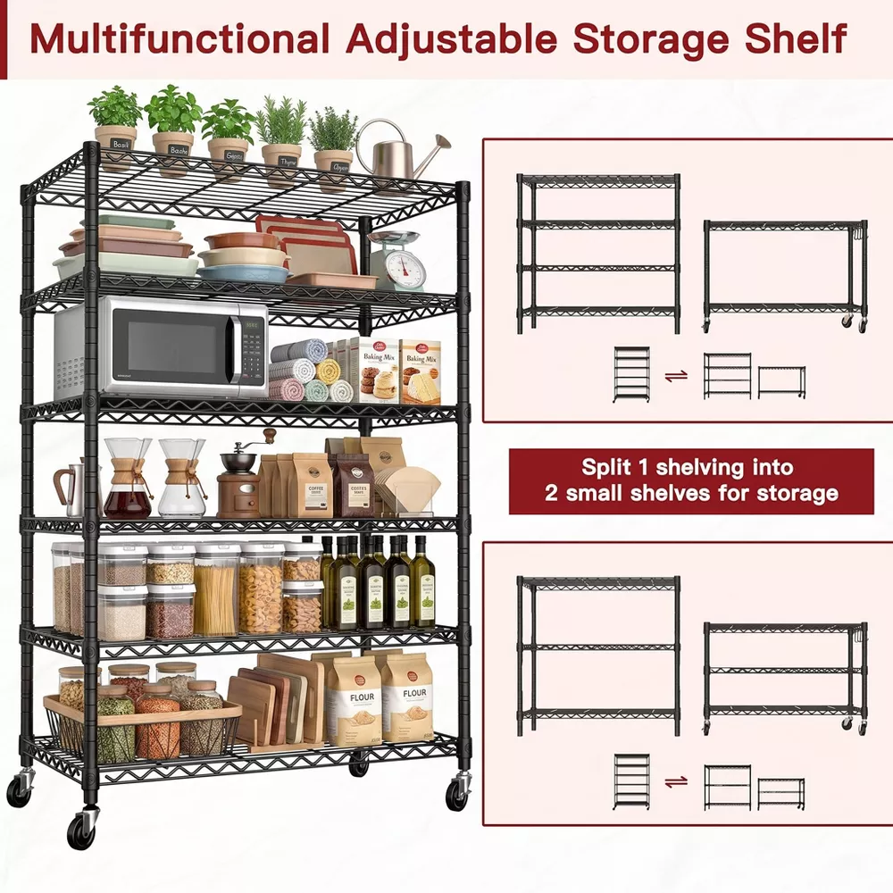Sailvan 46"W 6-Tier Metal Wire Shelving Unit with Wheels, 1200LBS Heavy Duty Storage Shelves for Garage Kitchen Pantry, 18"Dx46"Wx82"H,Black