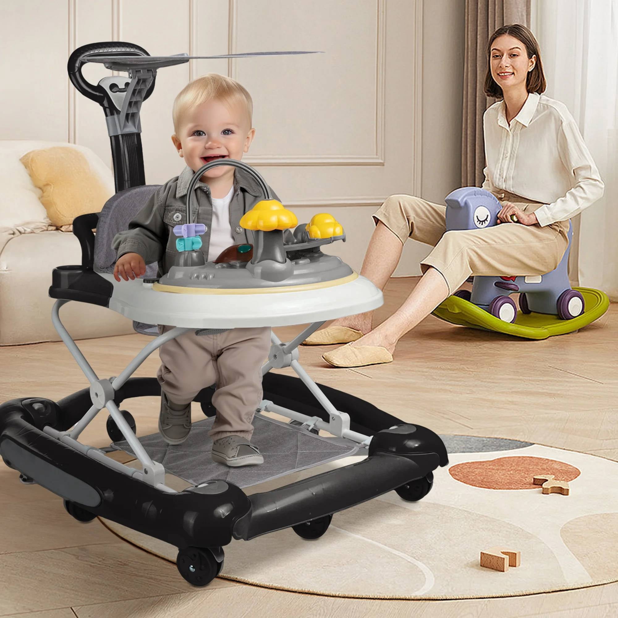 ManyFun 5-in-1 Baby Walker, Musical Activity Push Walker with Detachable Awning Footrest, Adjustable Height, Black