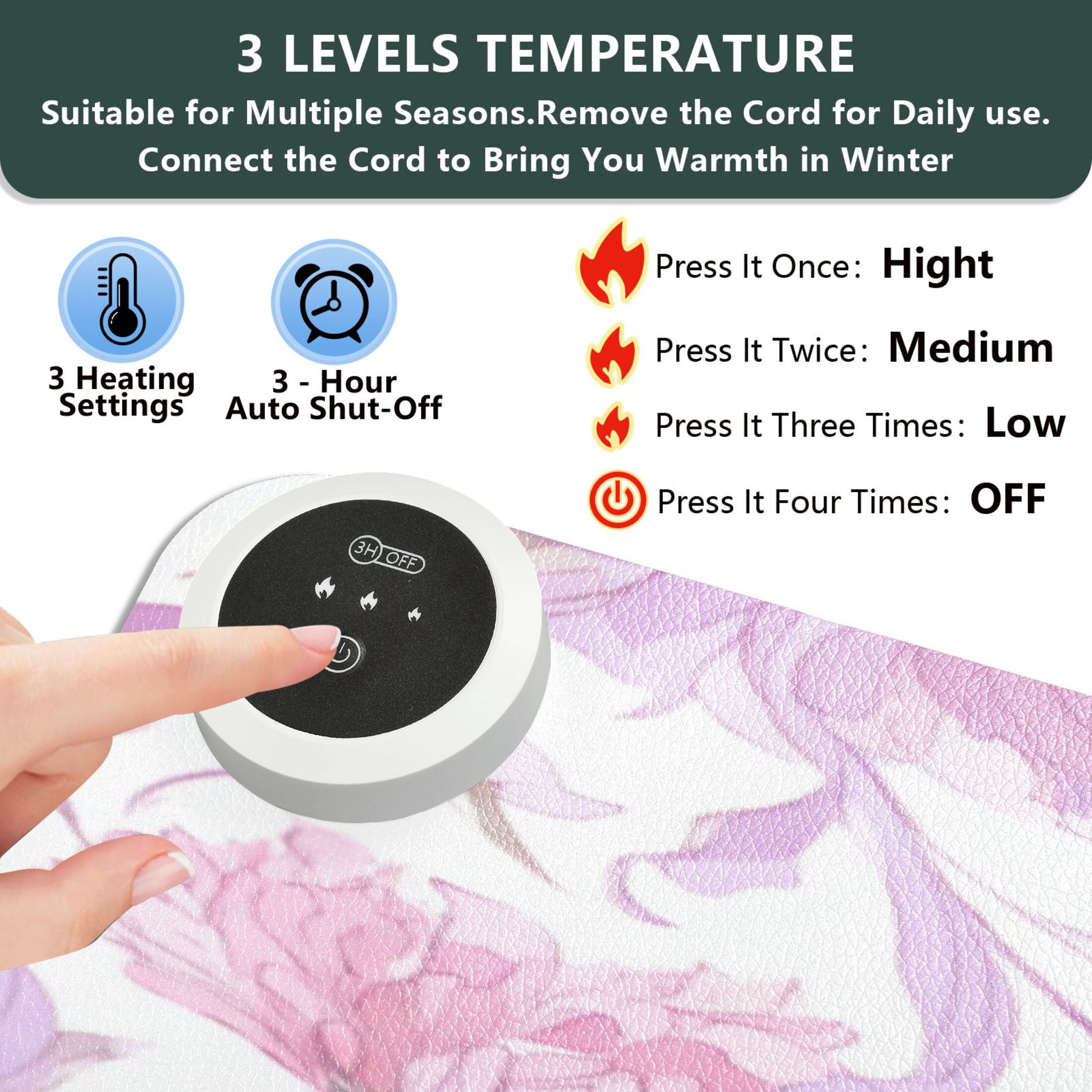 Large Heated Desk Mat Mouse Pad 31.5"x13"PU Leather Graphene Heating Desk Warmer with 3 Temperature Settings 110V US Plug Non-Slip Warm Pad for Home, Office, and Gaming Pink Colors Whimsical Flowers
