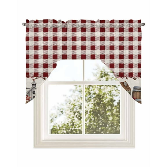 Farmhouse Kitchen Curtains Swag Valance for Windows/Bathroom/Cafe, American Country Star Barn Red Brown Plaid Berry Rod Pocket Drape Panel Swag Curtains Valance for Bedroom/Living Room 56"x36"
