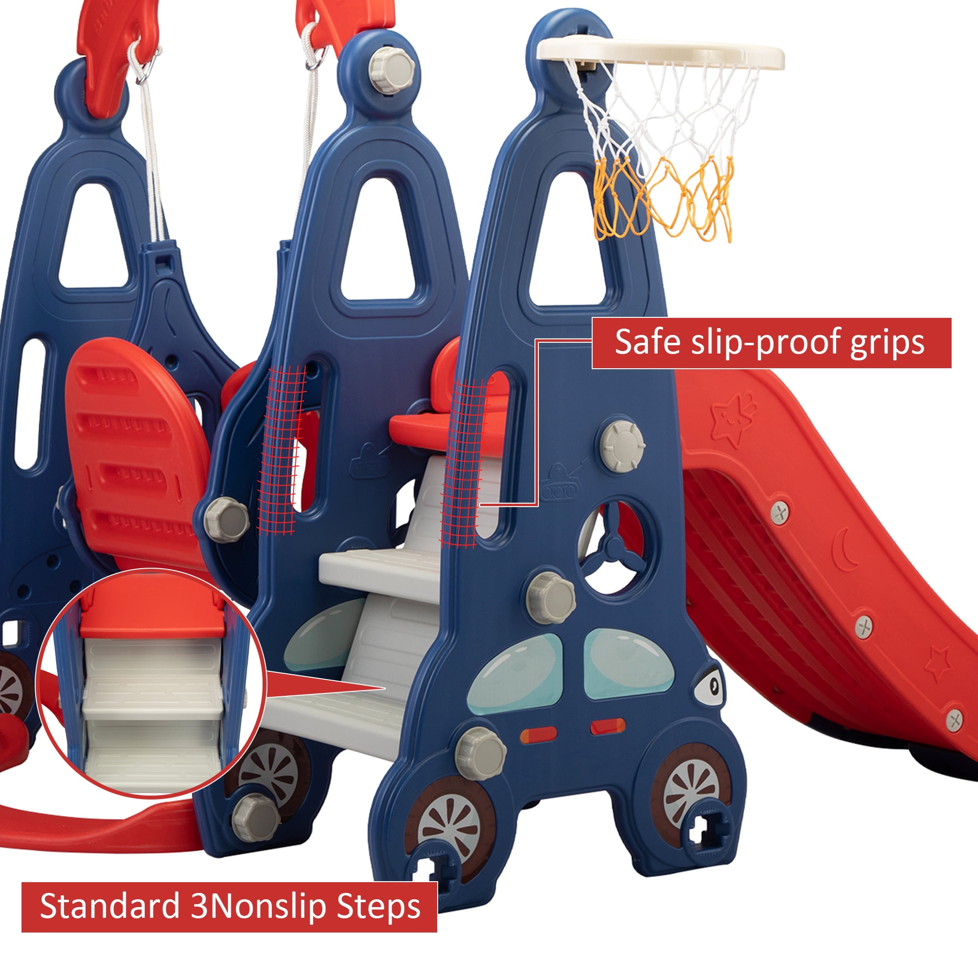 Nyeekoy 4 in 1 Toddler Climber and Swing Set, Play Climber Freestanding Slides Playset for Kids, Indoor Outdoor Playground Toy with Basketball Hoop & Ball