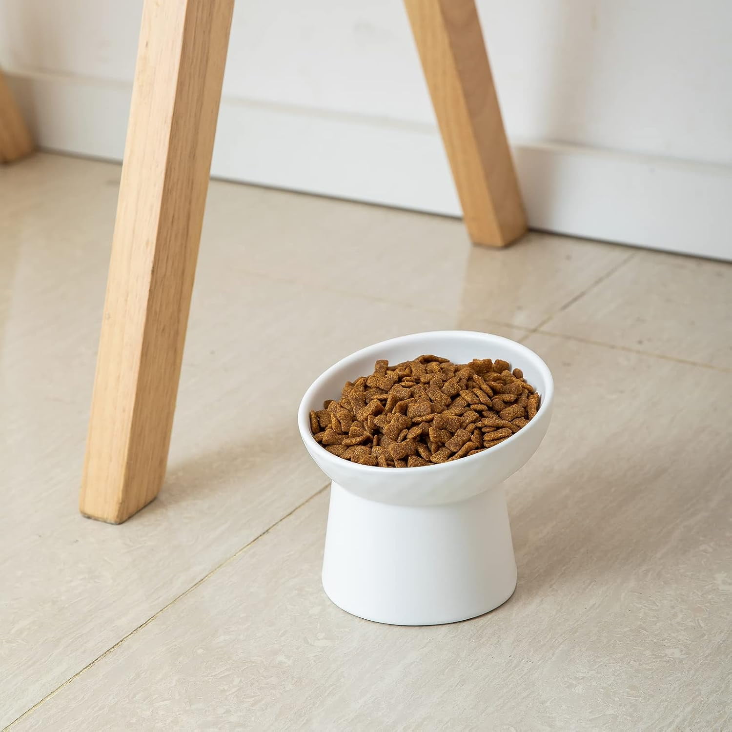 4 White Ceramic Elevated Cat Bowls, Tilted Stress-Free Design for Food or Water, Dishwasher and Microwave Safe, Lead-Free