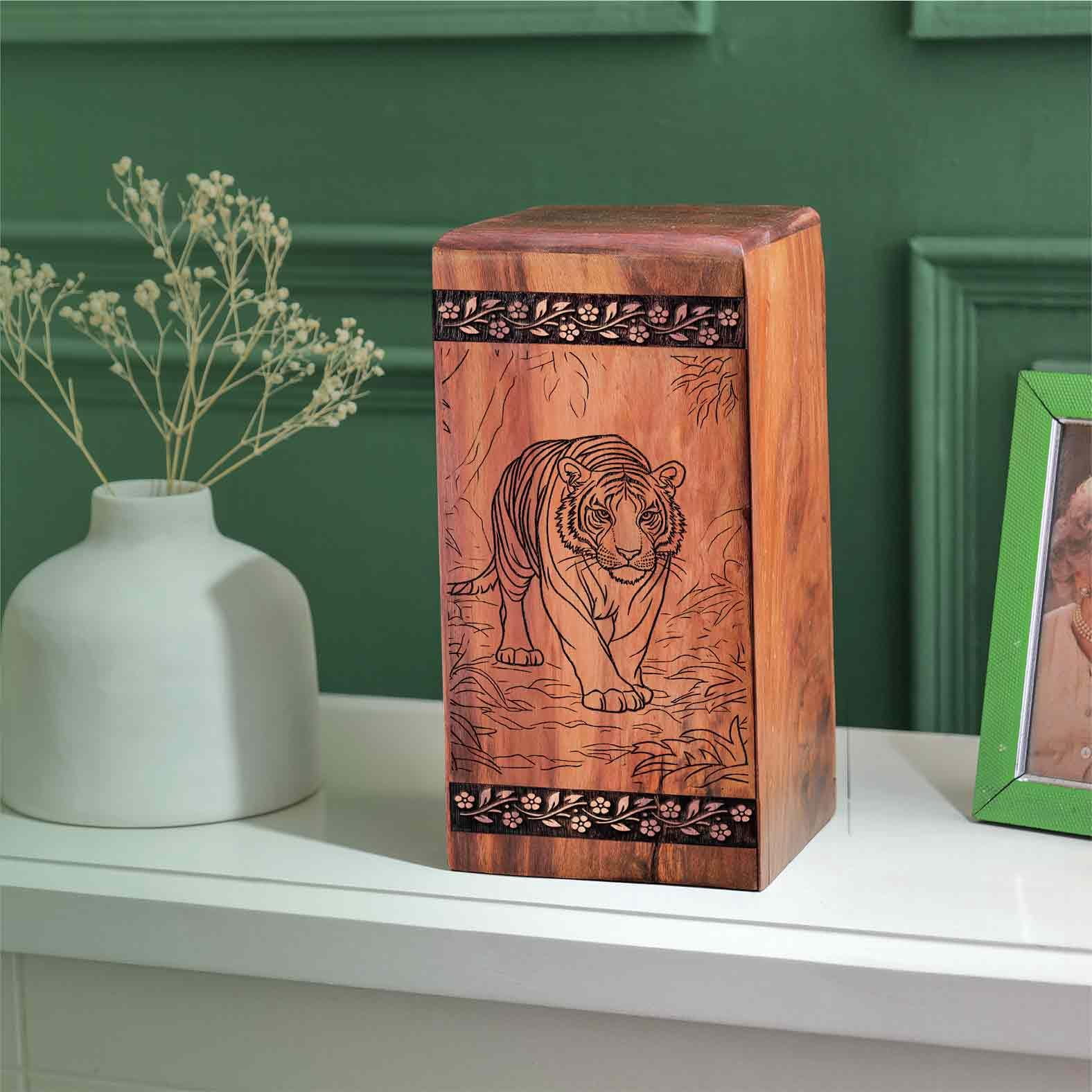 Tiger Urn - Wooden Cremation Urn for Human Ashes Man/Woman - Tigers Wood Urns Pet Ash - Decorative Box Funeral Urns for Adult Male Female - Memorial Keepsake Urns - 10inch, Large Size - Single 1Pcs