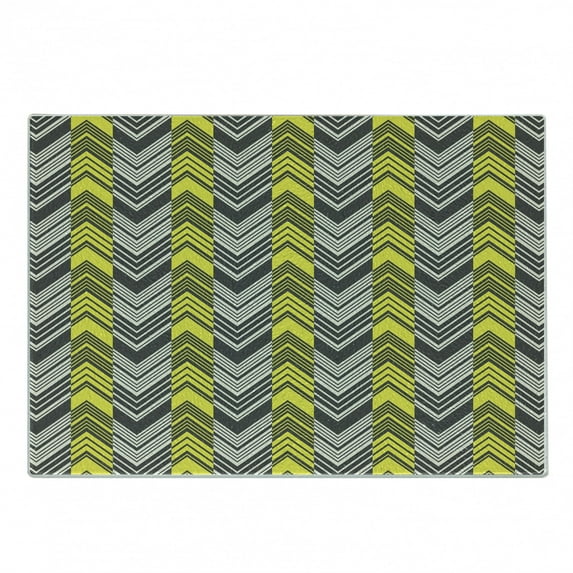 Yellow and White Cutting Board, Herringbone Pattern with Angled Lines Geometric Chevron Zigzags, Decorative Tempered Glass Cutting and Serving Board, Small Size, Yellow Cream Grey, by Ambesonne