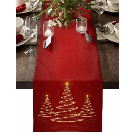 Christmas Table Runner Golden Christmas Tree Table Runners Star Lights Red Cotton Linen Dresser Scarf Kitchen Dining Table Decor for Christmas Holiday Party Decor 13x72 Inch