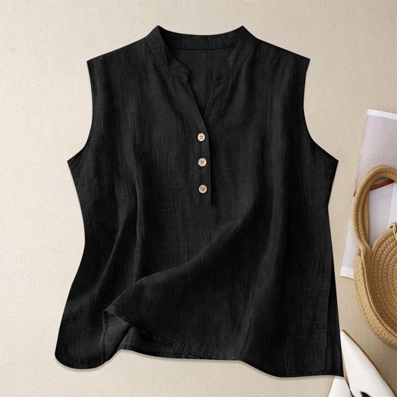 Plus Size Linen Tank Tops for Women Casual Summer Shirts,Solid Button V Neck Sleeveless Blouses,Trendy Going Out Tees Black L