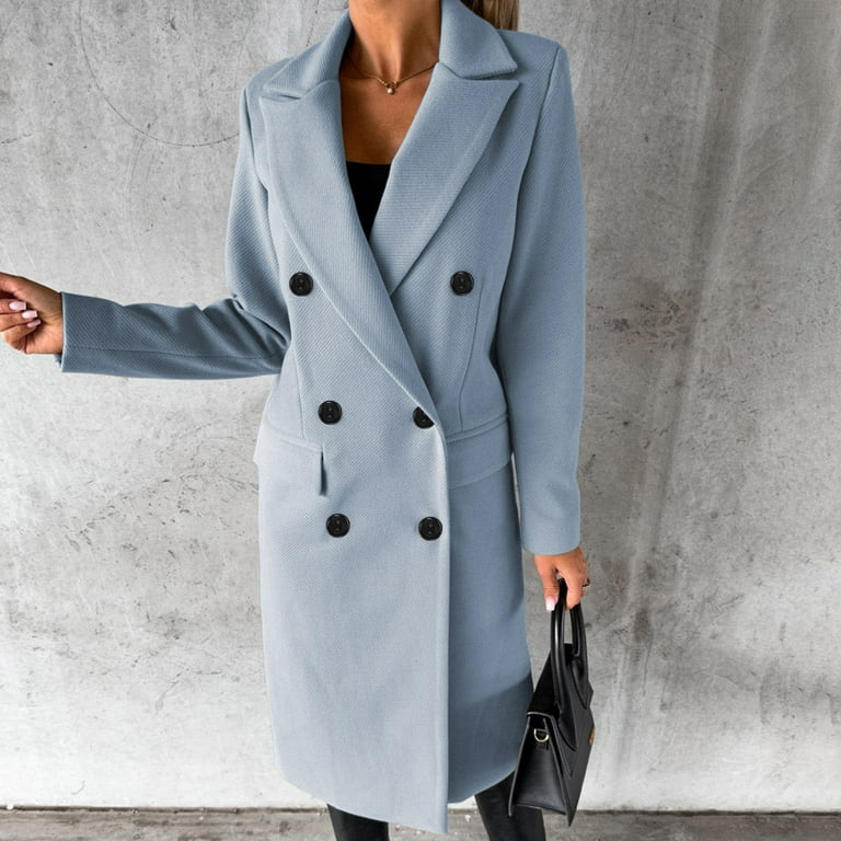 Hfyihgf Women's Double Breasted Trench Coat Classic Notch Collar Long  Sleeve Peacoats Winter Warm Slim Fit Long Woolen Jackets Coat with Pockets 