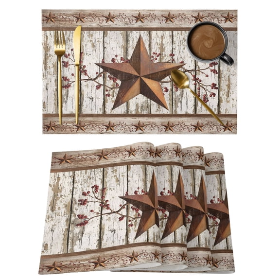 Western Texas Star Placemats Set of 12, Vintage Rust Red Star Berry White Wood Grain Non-Slip Place Mats Washable Table Mats for Kitchen Dining Table Decorations Indoor/Outdoor