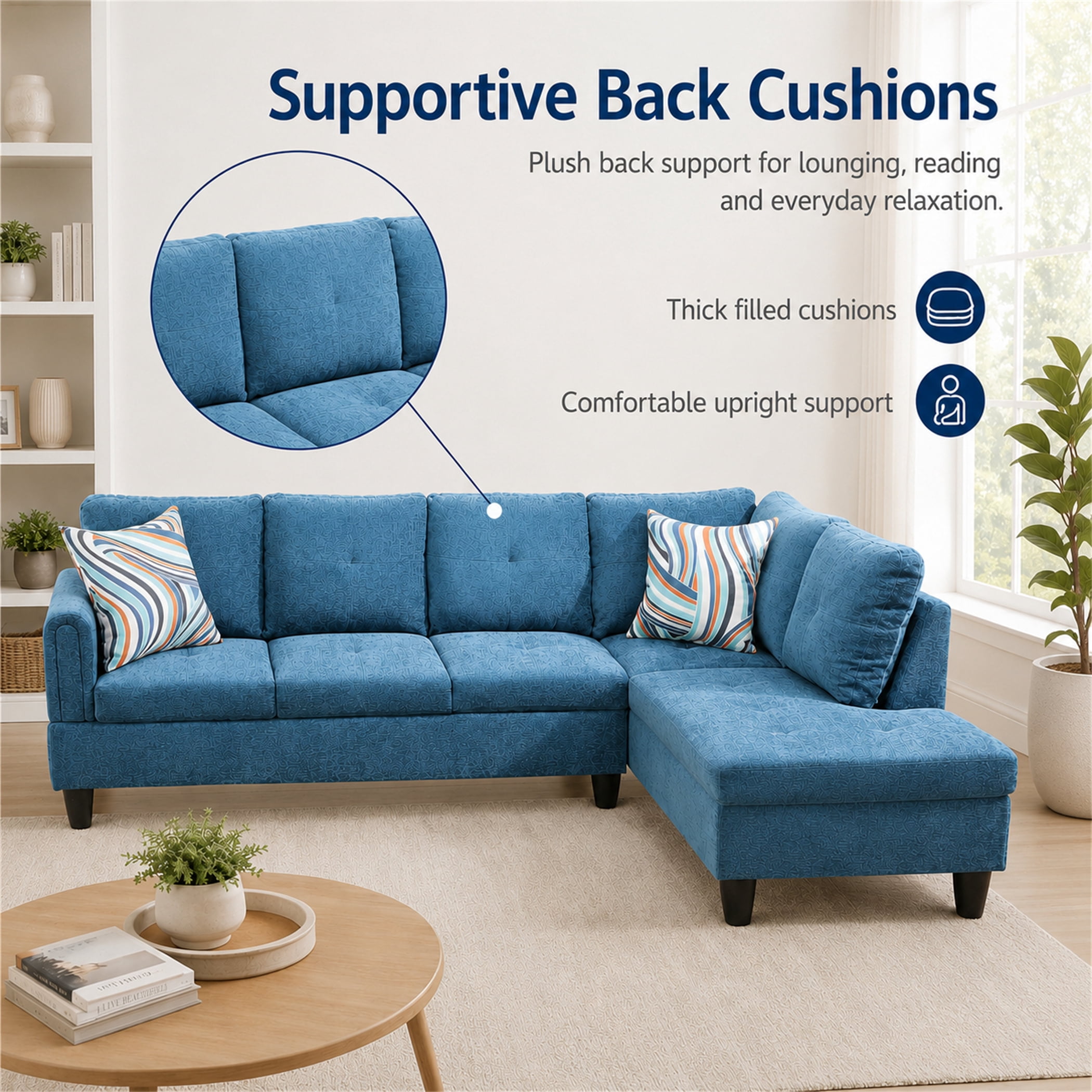 Aukfa 97" Classic Sectional Sofa 4 Seat L shape Couch with Oversized Right Chaise for Living Room, 2Pillows, Linen, Blue