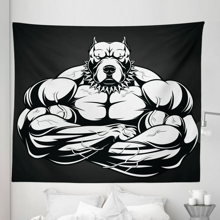 Pitbull Tapestry Illustration of a Strong Pitbull Big Biceps Bodybuilder Animal Character Fabric Wall Hanging Decor for Bedroom Living Room Dorm 5 Sizes White Charcoal Grey by Ambesonne Walmart