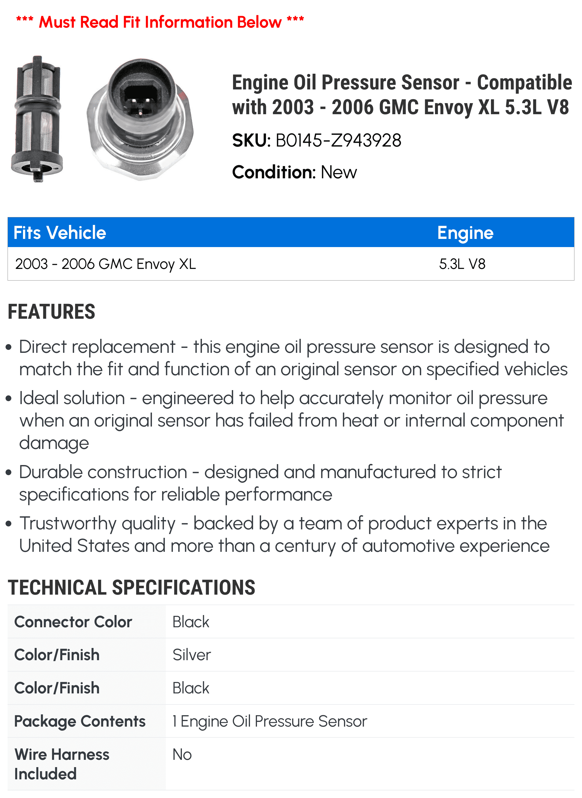 Engine Oil Pressure Sensor - Compatible with 2003 - 2006 GMC Envoy XL 5.3L V8 2004 2005