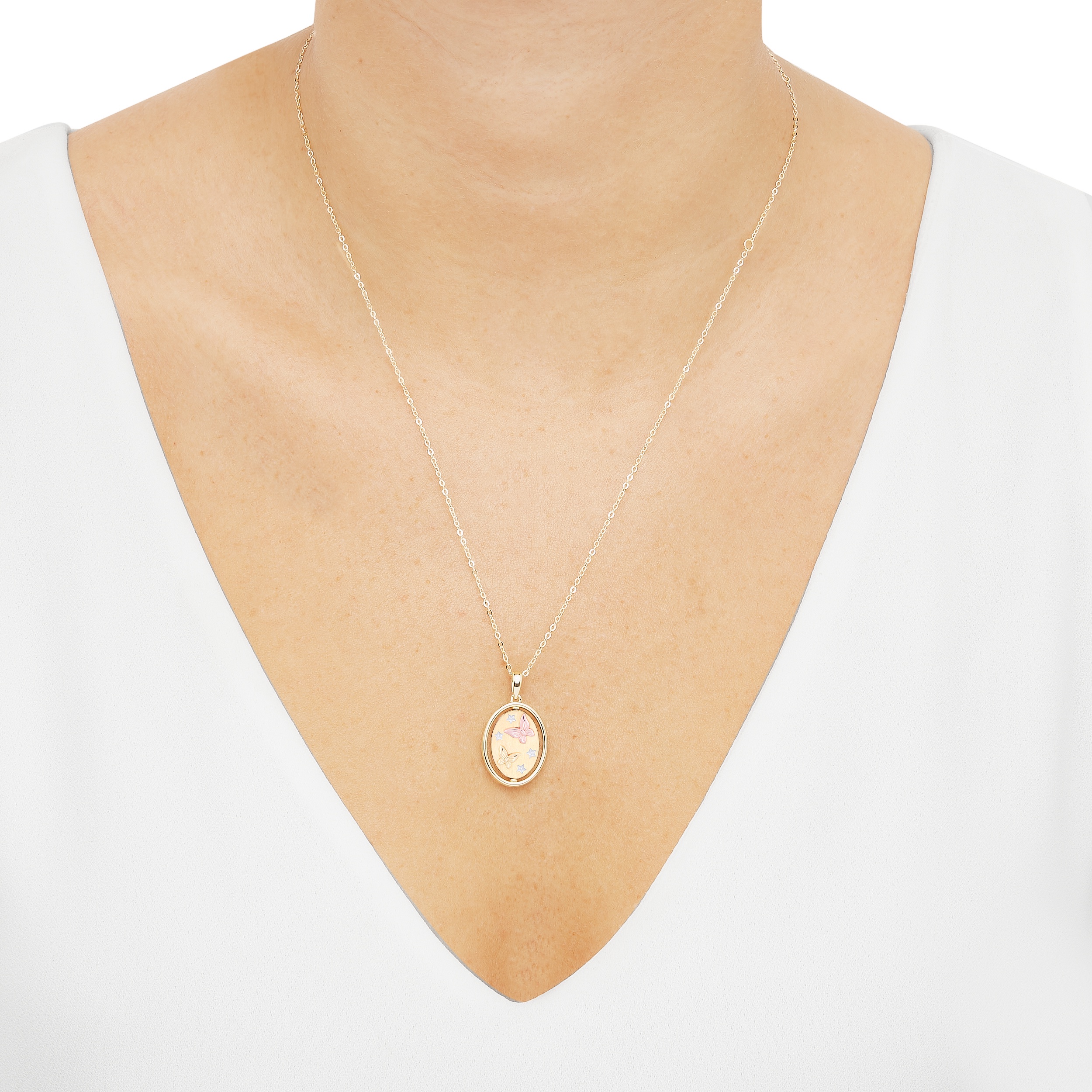 Brilliance Fine Jewelry Sterling Silver 14KT Gold Plated Spinning Butterfies Oval Pendant Necklace, 20"