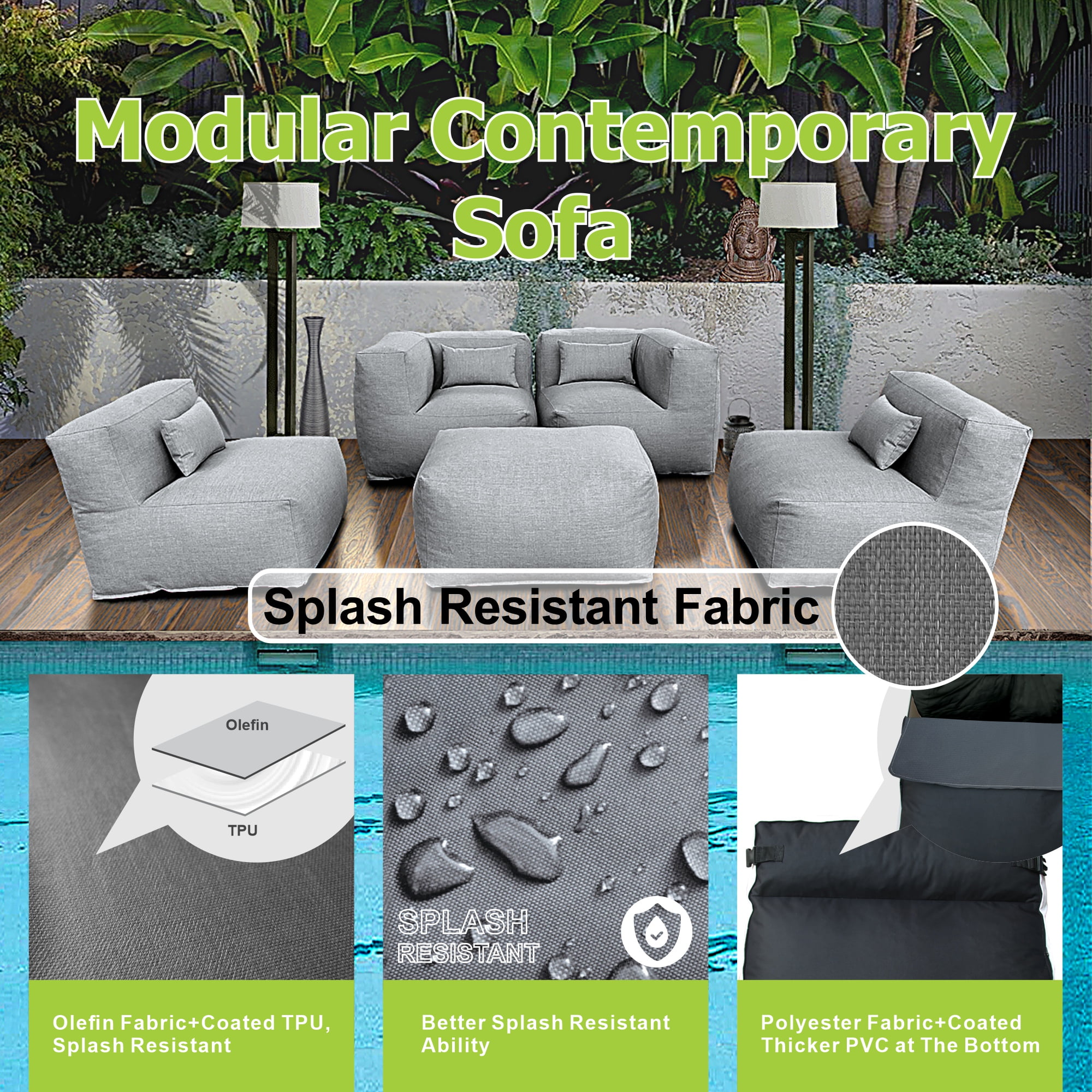 5 Pieces Olefin Patio Conversation Set with Thickened Cushions 4-Seat Outdoor Furniture Set with Bean Bag Chairs (Dark Gray)