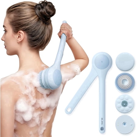 Electric Body Brush Back Scrubber for Shower Waterproof Long Dual Handle Power Body Scrubber with 3 Heads Rechargeable Bath Brush & 2 Speeds for Cleansing Exfoliating and Massaging Skin