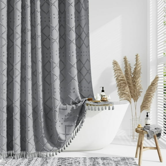 Fabric Shower Curtain, Boho Bathroom Curtain with Tassel, Tufted Geometric Textured Cloth Bath Curtain, Farmhouse Shabby Chic Shower Curtain Set with Hooks, 72x72 Inch