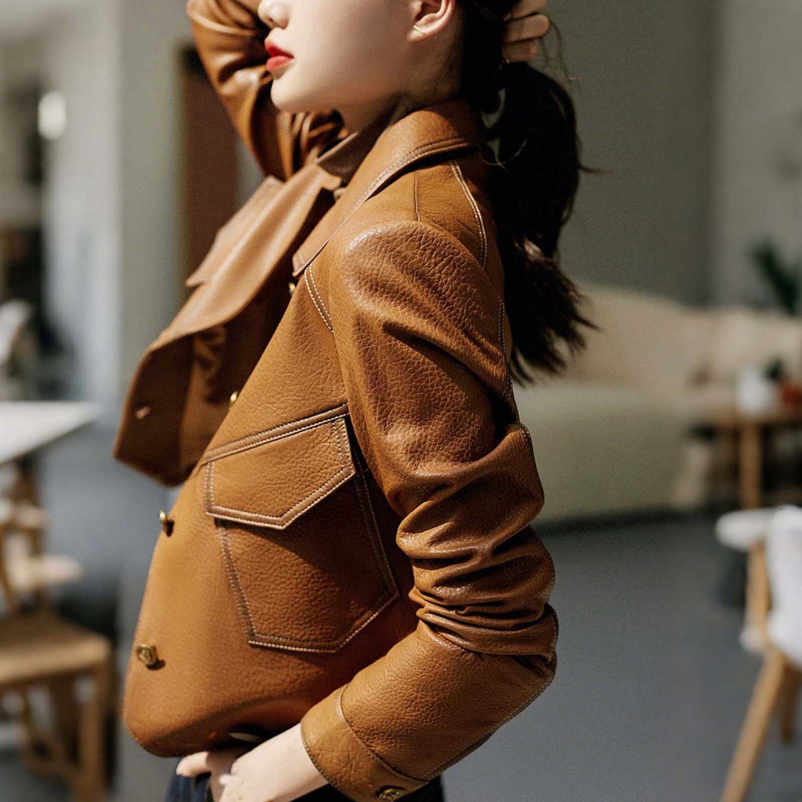 TKLPEHG Leather Jacket Women Cropped Vintage Faux Leather Jackets Long Sleeve Button Lapel Coats Spring Fall Fashion Coats (Brown,XXXL)