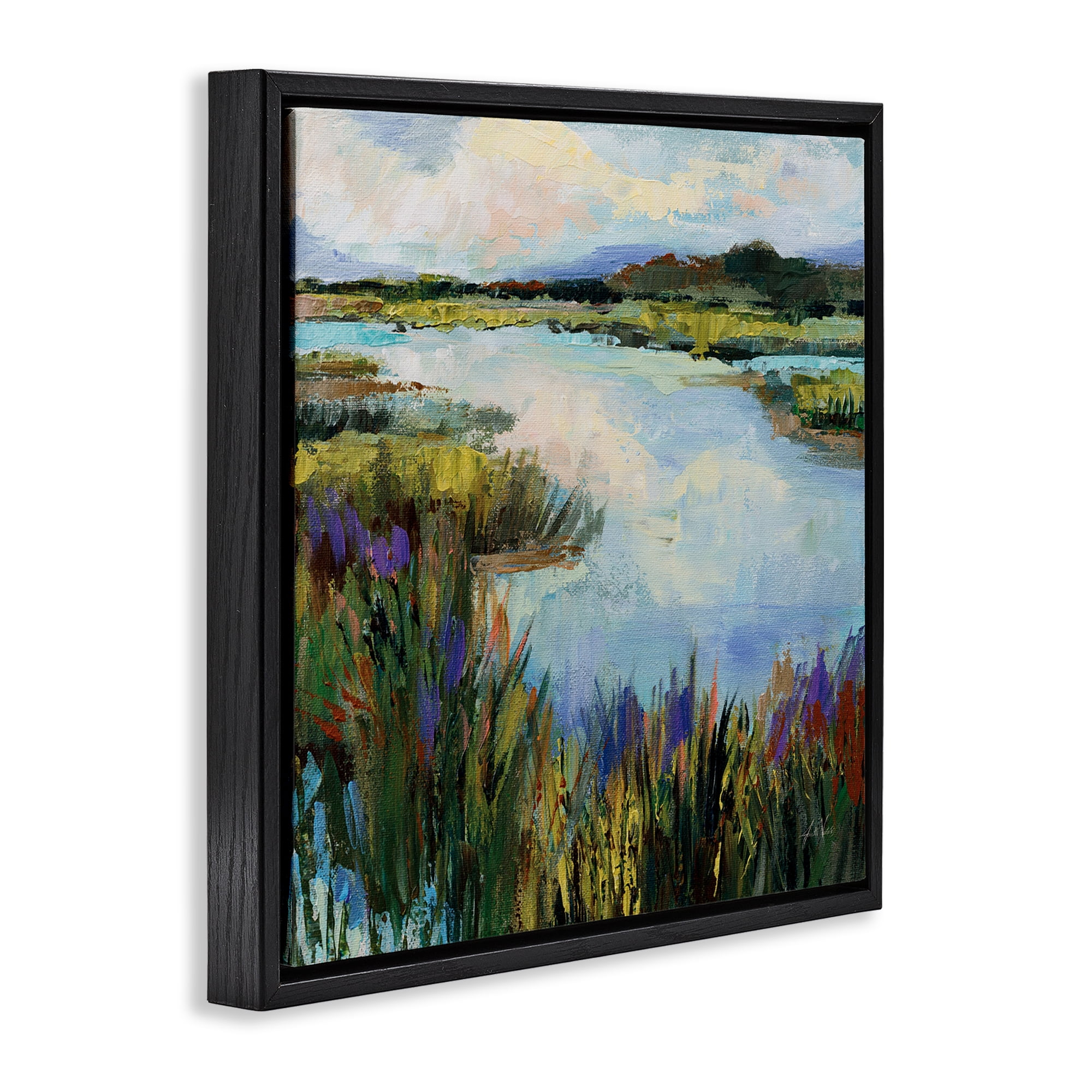 Stupell Industries Rural Stream Nature Landscape Painting Black Floater Framed Canvas Art Print Wall Art, 25 x 25