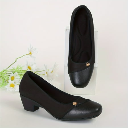 

Comfy Chic Black Court Pumps - Soft Slip-On Design Chunky Low Heels Breathable Insoles Easy Walking Casual Office Commuter Work Shoes for Women
