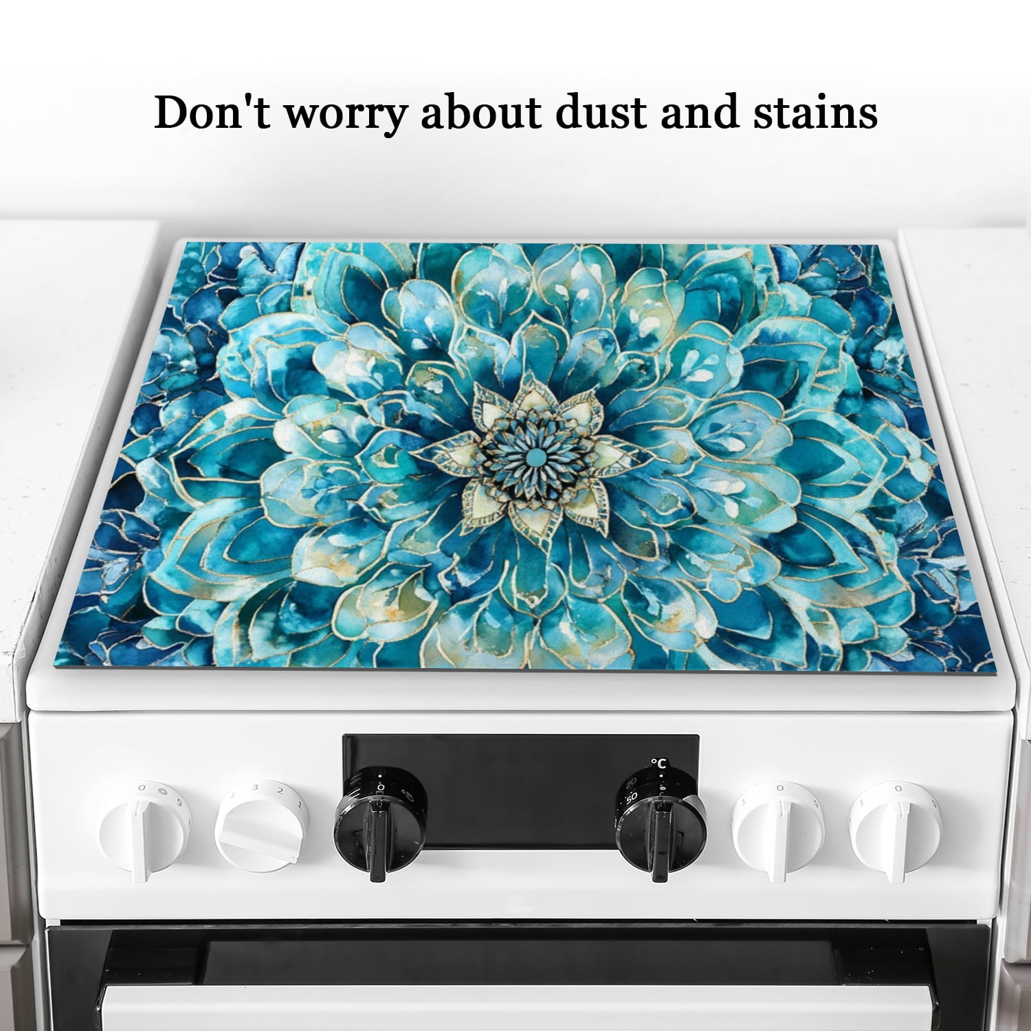 Stove Top Covers for Glasstop Stoves, Blue Mandala Flower Print Bohemia Heat Resistant Ceramic Stove Top Mat, Multifunctional Kitchen Decor Pad for Kitchen RV (28×20 Inch)