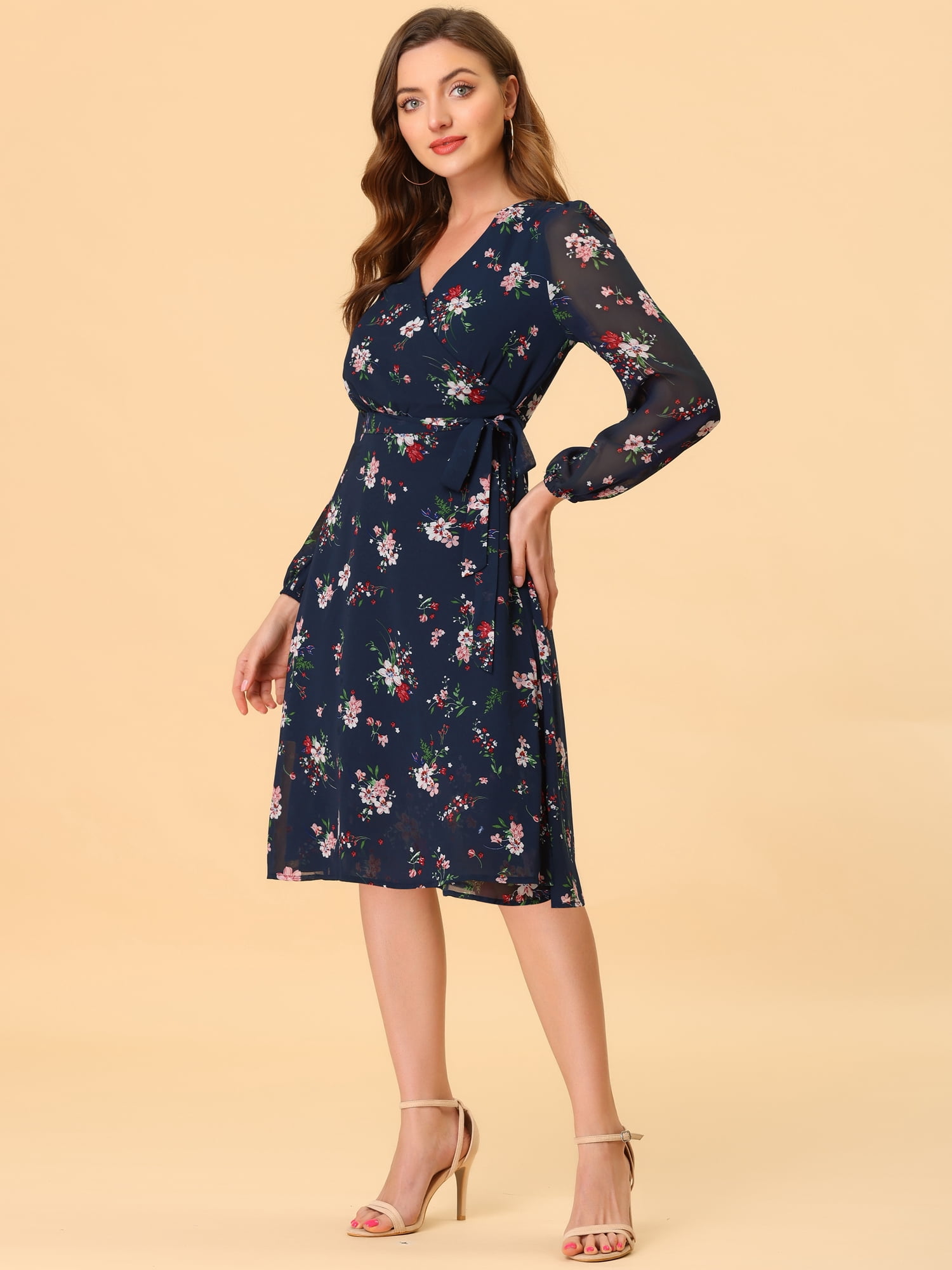 DARING DIVA Boho Floral V Neck Bishop Sleeve Below The Keen Wrap Dress XL Dark Blue