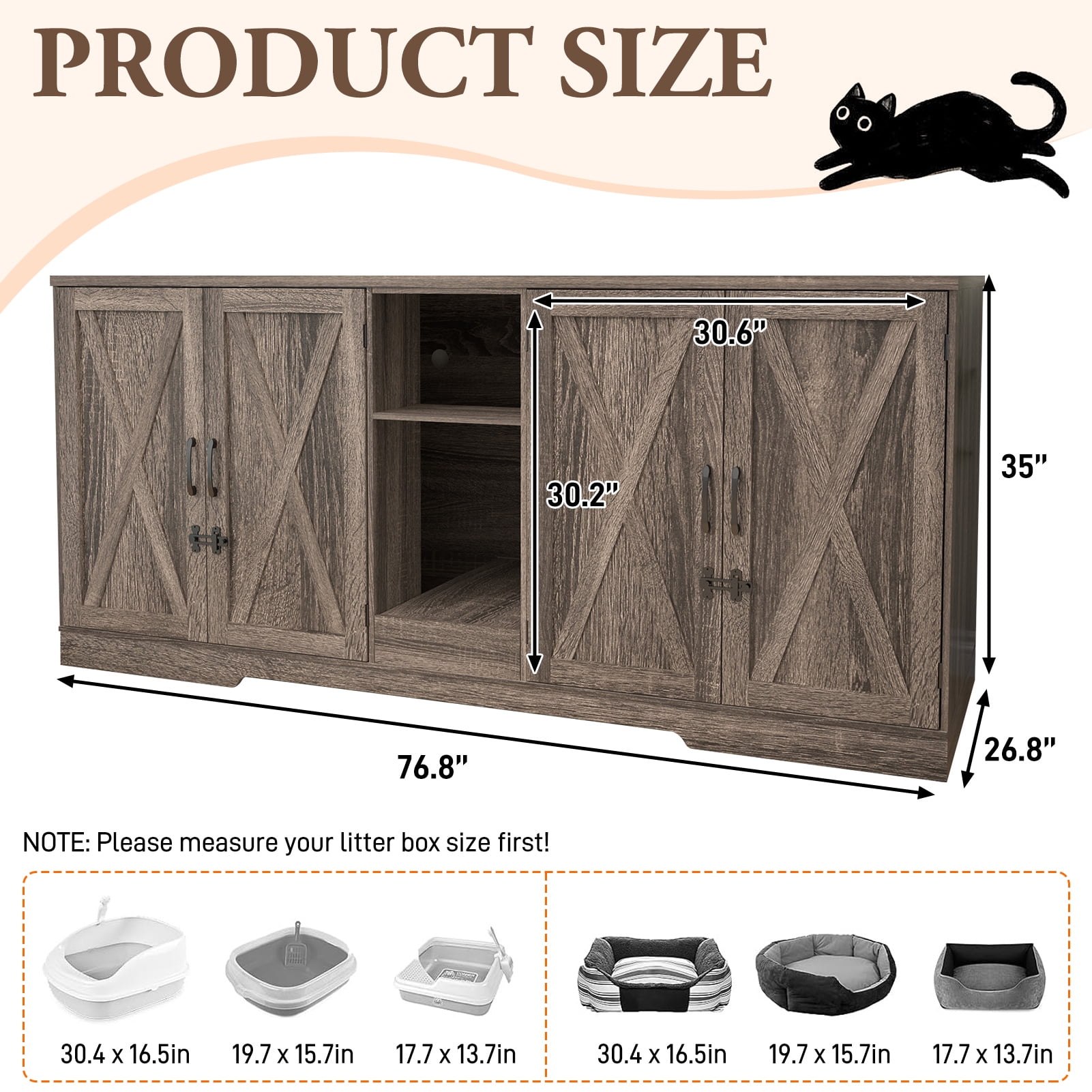 Blotout 77" Large Cat Litter Box Enclosure for 2 Cats with Power Outlets, Litter Box Furniture Hidden with Double Room, Wooden Cat Washroom Furniture with Lockable Door, Cats House, Grey