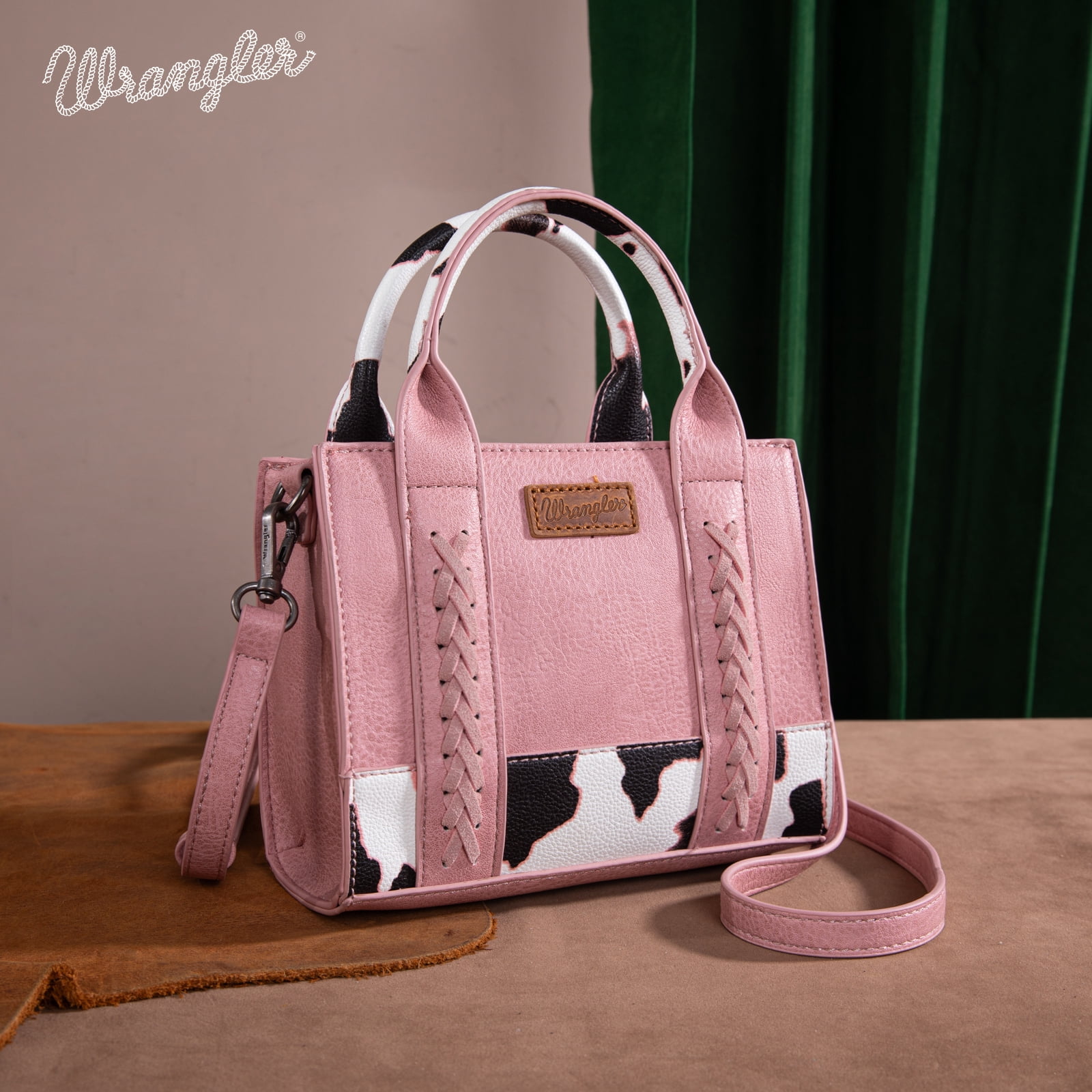 Wrangler Mini Tote Bag for Women Cow Print Western Crossbody Purse, Cow Print-Pink