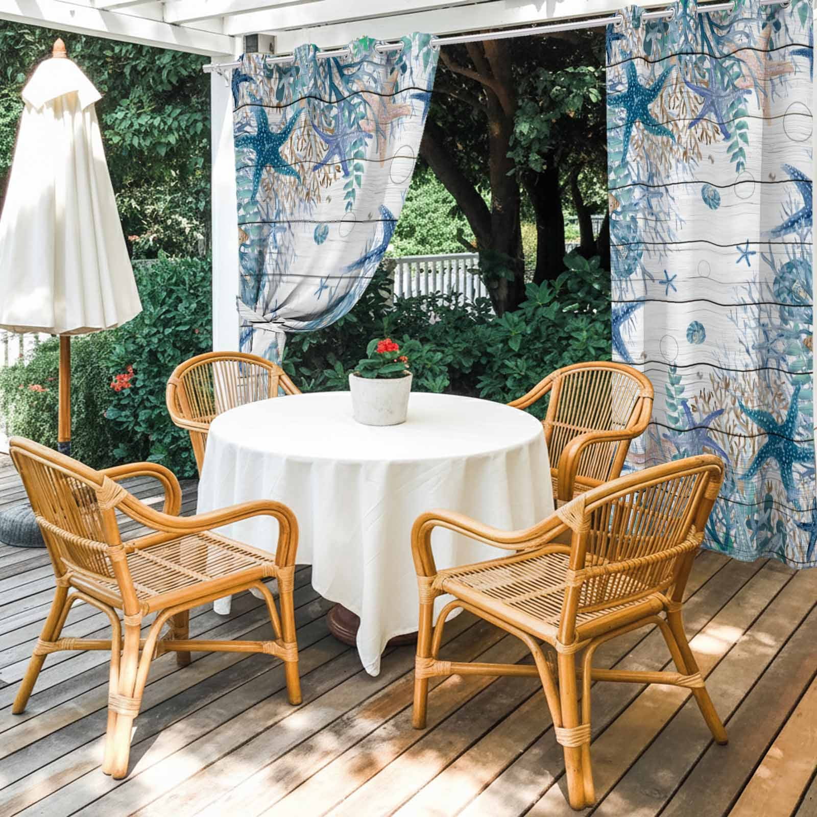 Summer Marine Life Outdoor Curtains for Patio, Watercolor Blue Starfish Ocean Bubble Wood Grain Sunshade Privacy Drapes Grommet Waterproof Outside Curtains for Porch/Cabana/Balcony 54"x 108", 2 Panel
