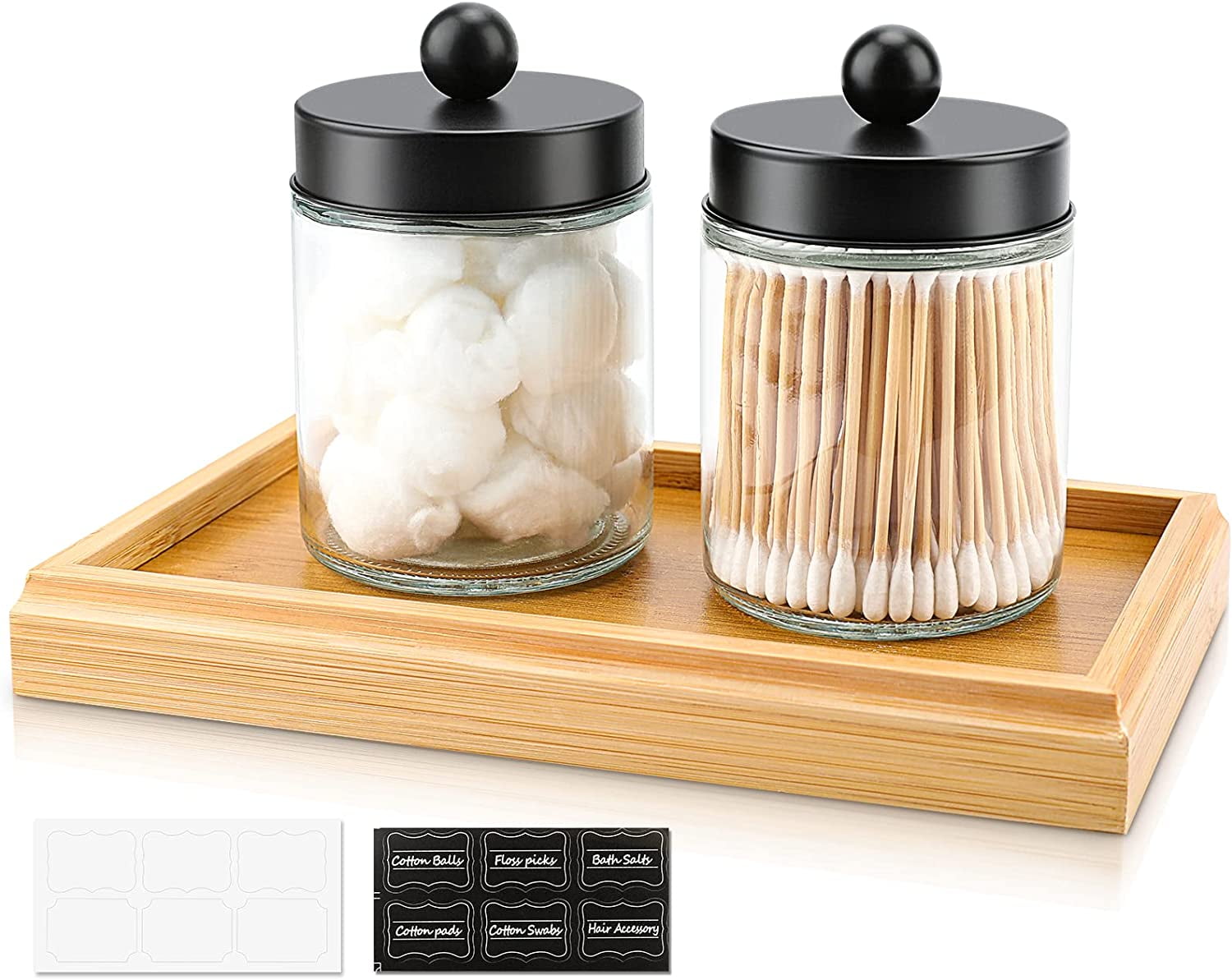 2 Pack Glass Qtip Holder with Vanity Tray, Bathroom Canisters Apothecary Jars with Lids Set, Q