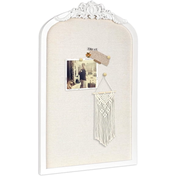 Bulletin Board with Linen, Vintage Arch Framed Pin Board – 15.7" x 24.8" White Cork Board for Walls, White Pine Wood Frame, Fabric Pinboard, Vision Board for School, Home & Office