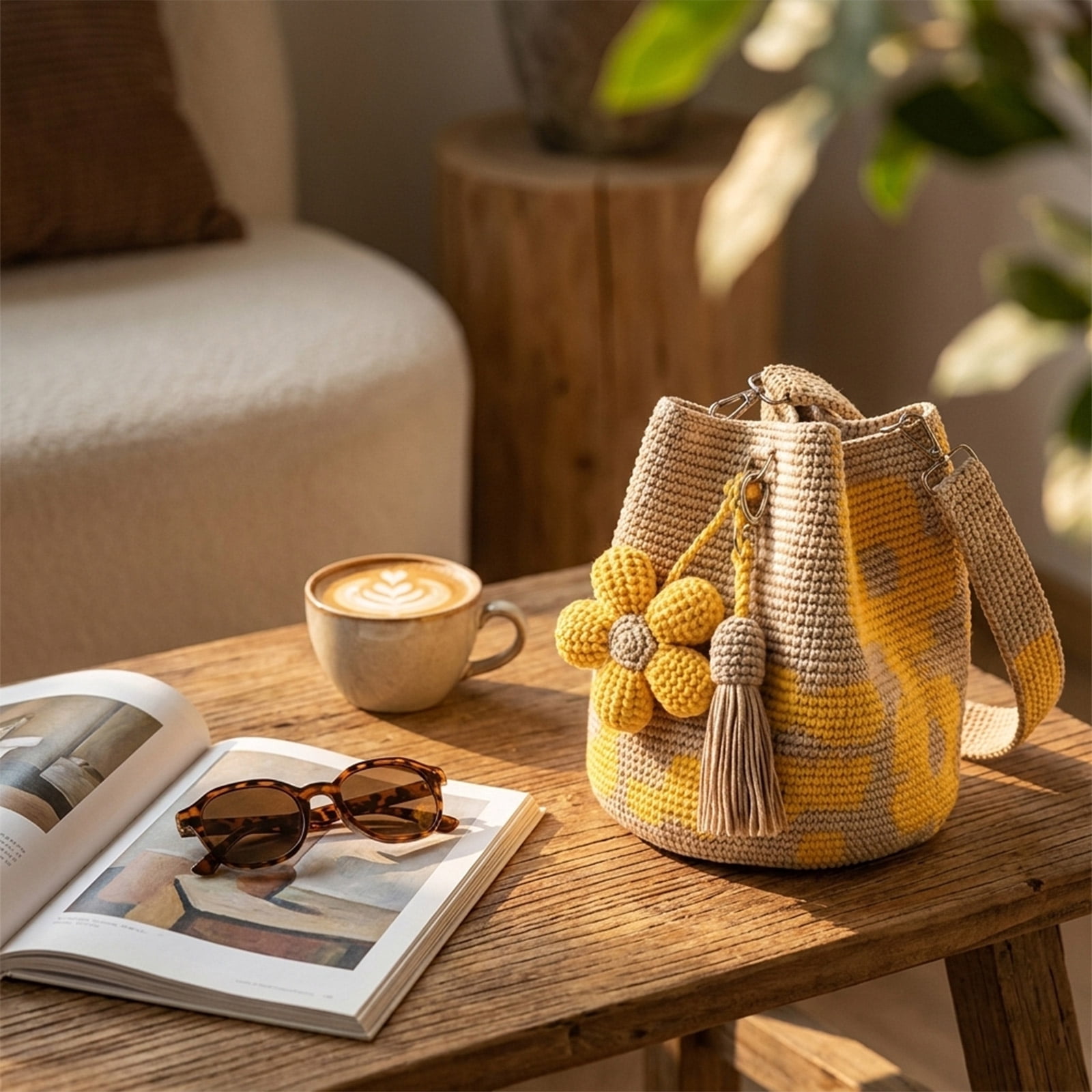Boho Crochet Beach Bag with Cute Crochet Flower, Preppy Knit Tote Bag for Women Summer Vacation Travel, Black