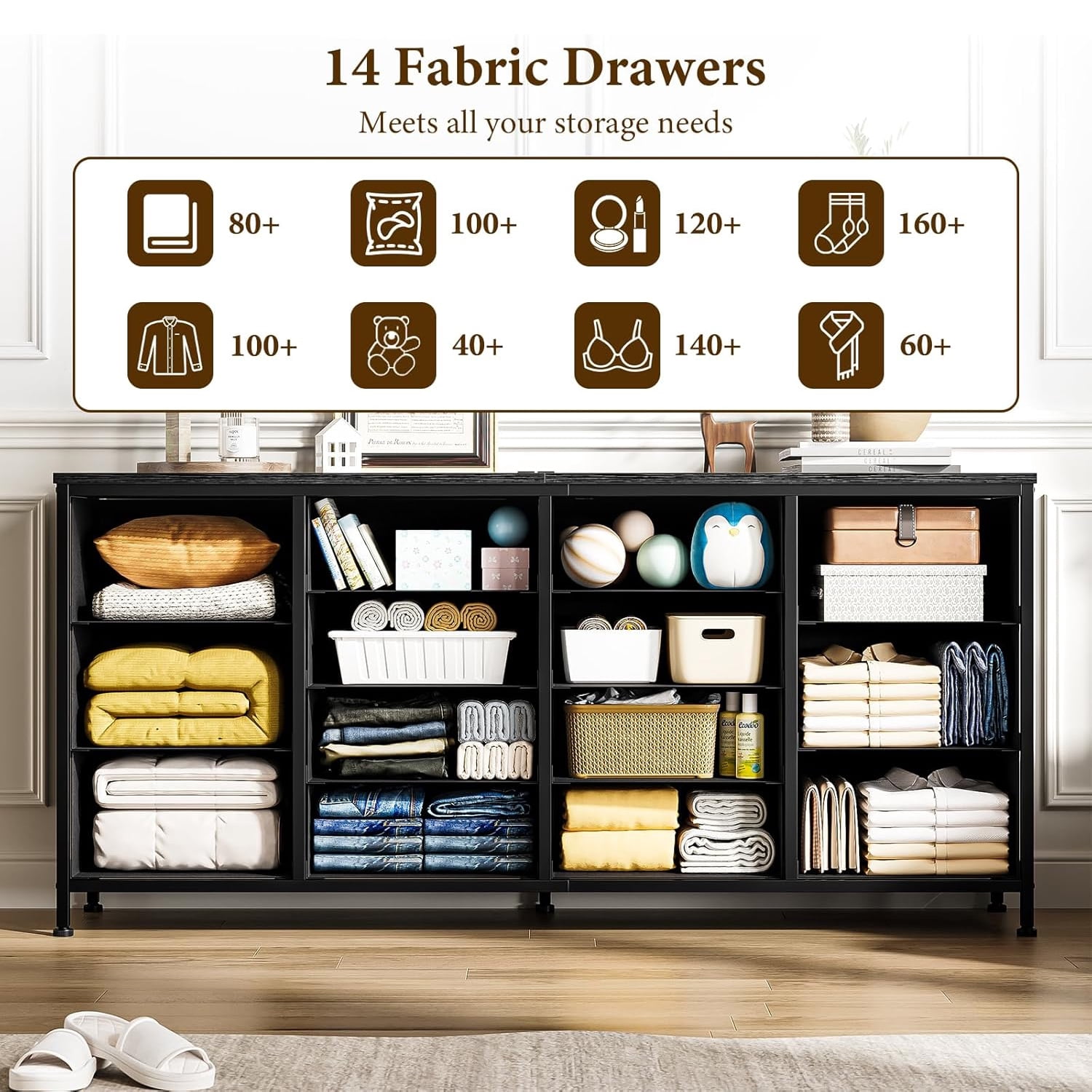 M optimized 63" Dresser for Bedroom, TV Stand for 65 70 75 inch TVs, 14 Drawer Dresser with Power Outlets, Large Long Fabric Dresser Entertainment Center