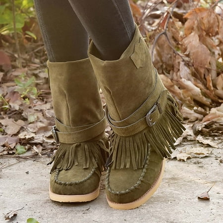 

Tejiojio Fall Clearance Tassel Boots For Women Suede Ankle Booties Winter Round Toe Vintage Fringe Mid-Calf Flat Shoes