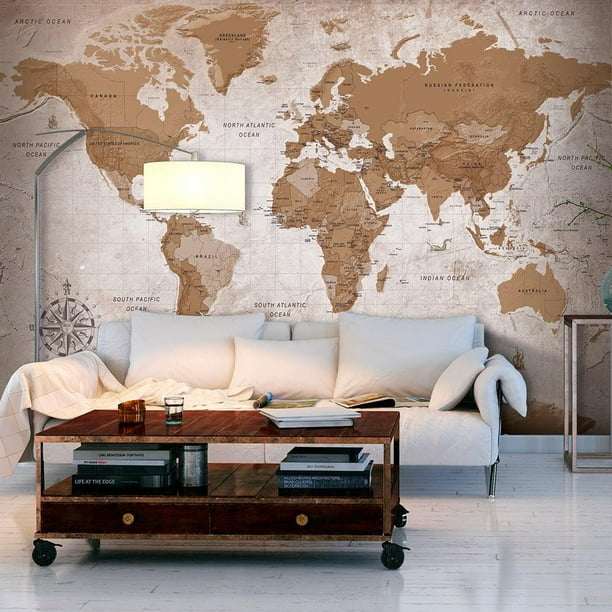 Tiptophomedecor Peel and Stick World Map Wallpaper Wall Mural Brown