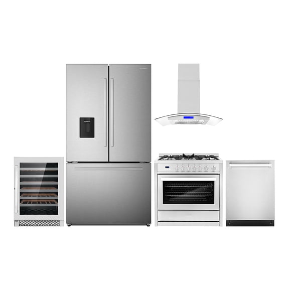 5 Piece Kitchen Package with 36" Freestanding Gas Range 36" Island Range Hood 24" Built-in Fully Integrated Dishwasher French Door Refrigerator & 48 Bottle Wine Refrigerator