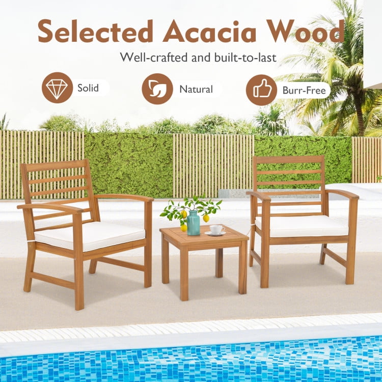 Aimee Lii 3 Pieces Outdoor Furniture Set with Stable Acacia Wood Frame, Patio Furniture Sets, White Aimee Lii 3 Pieces Outdoor Furniture Set with Stable Acacia Wood Frame, Patio Furniture Sets, White