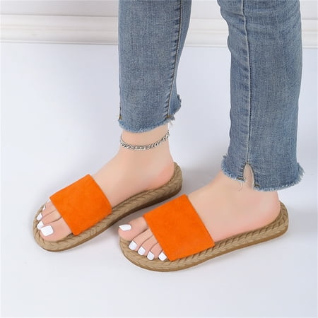 

Cathalem Ladies Fashion Solid Color Suede Strap Straw Woven Bottom Flat Open Toe Slippers Slide Slippers for Women Orange 7.5