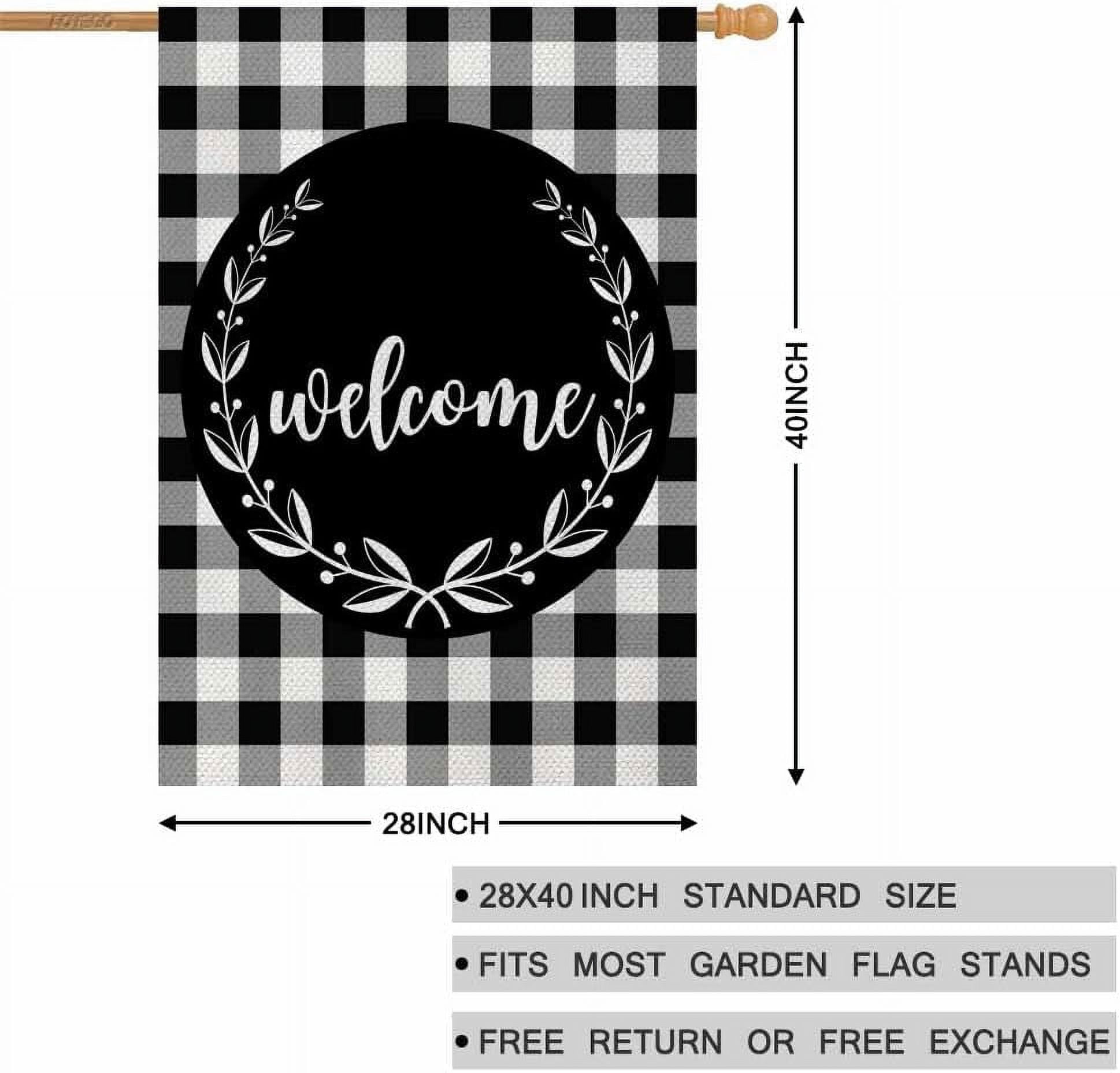 Welcome Laurel Wreath House Flag 28 x 40 Inch Large Vertical Double Sided Black White Buffalo Check Plaid Seasonal Outside Décor for Garden Yard Farmhouse Flags