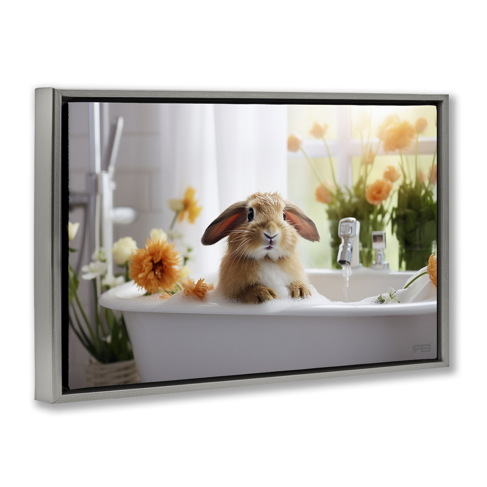 Stupell Industries Bathing Baby Bunny Typography Painting Gray Floater Framed Canvas Art Print Wall Art, 31 x 21