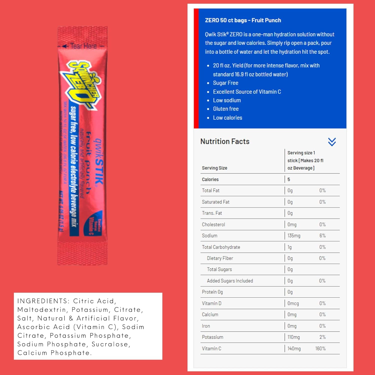 Sqwincher Quik Stik Zero Electrolyte Replenishment Drink Mix - Fruit Punch, 0.11 ounce Individual Packet, Powder, 50 Count - 50/PK