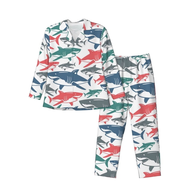 Balery Colorful Shark Pijama para Hombre de Dos Piezas con Manga Larga, Conjunto de Dormir y Descanso Suave con Bolsillos-XX-Large