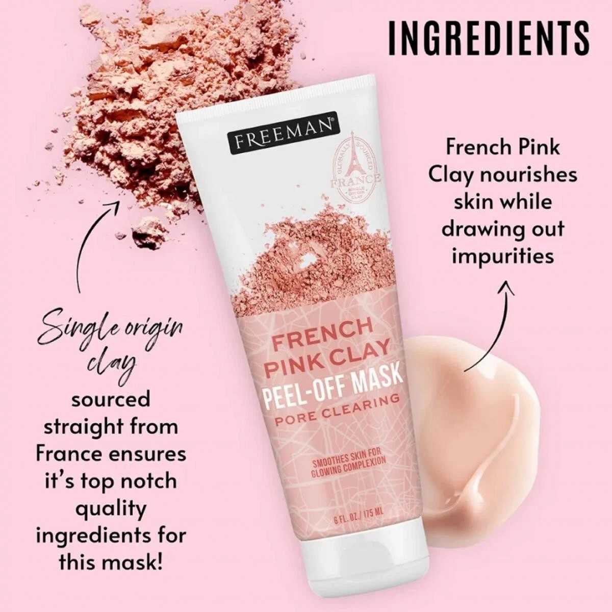 Freeman Facial French Pink Clay Peel-Off Mask, 6oz (Pack of 3)