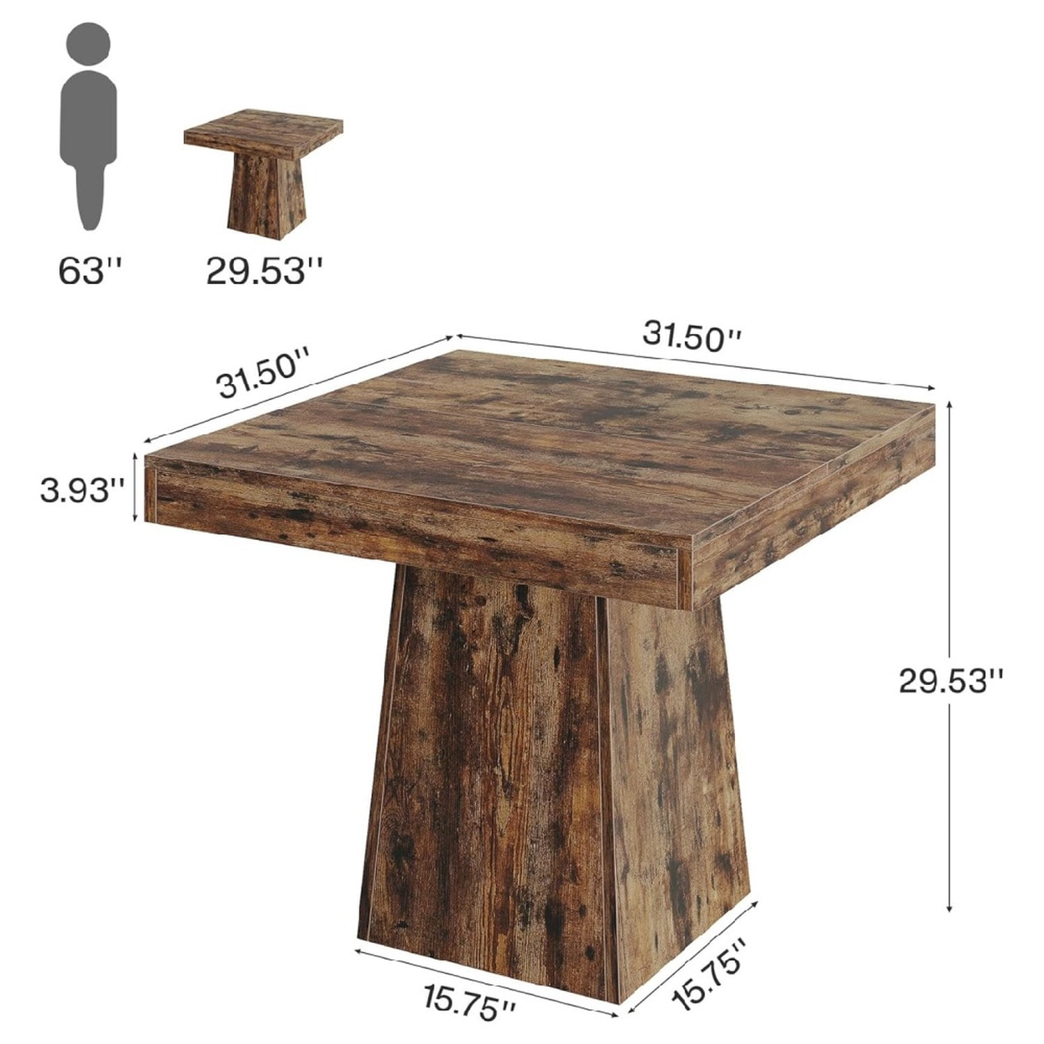 Dining Table, Farmhouse Style, Seats 4, Grey Wood Grain, 31.5 in L x 31.5 in W x 29.53 in H