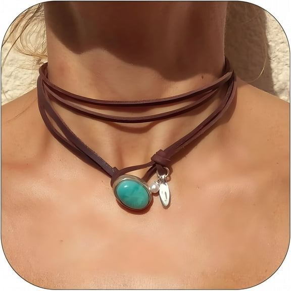 DESIGNICE Boho Turquoise Necklace Western Necklaces for Women Country Concert Outfits Layered Black Brown Leather Choker Western Cowgirl Outfits Jewelry