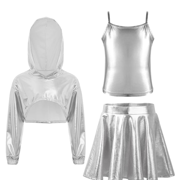 inlzdz Kids Girls Jazz Latin Hip Hop Dance Outfit Long Sleeve Metallic Shiny Hoodie Crop Top Vest with Skirt Set Silver 6