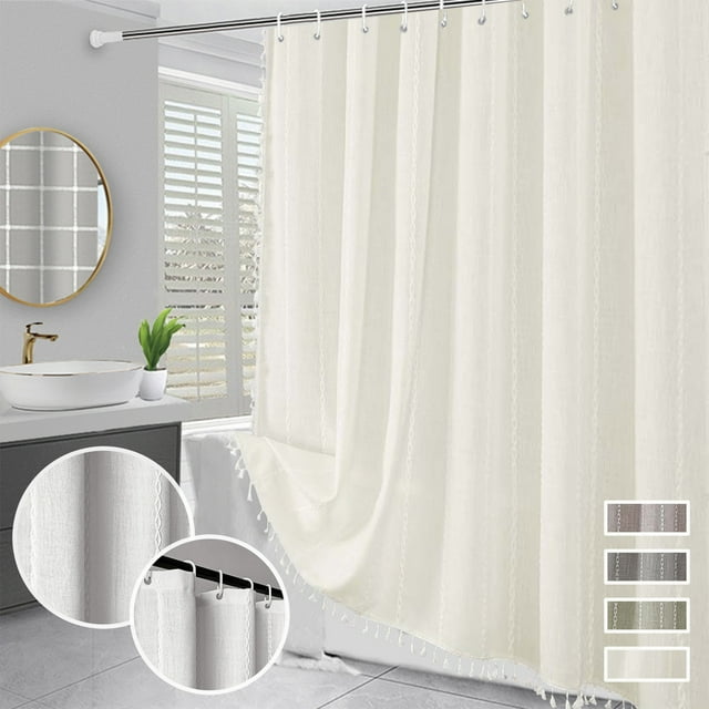 Xihbxyly Cortina de Ducha Bohemia, Tela de Lino Resistente, Adorno de Borlas, Repelente Al Agua, Estética Rústica, Ideal para El Baño, Fácil de Limpiar, 90 X 180 Cm, 12 Ganchos Incluidos.