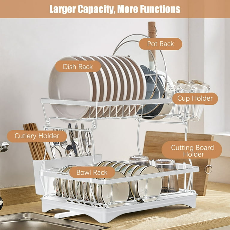 Huntermoon Dish Drying Rack with Drainboard 2 Tier Dish Rack for Kitchen Counter, Size: 49, White