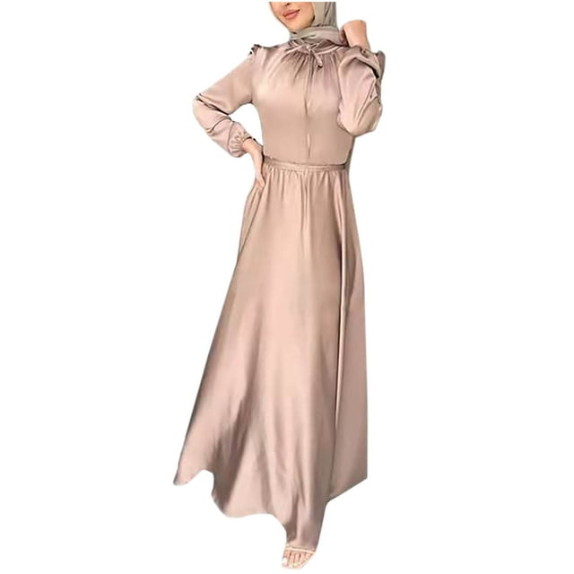 Robe de Prière Abaya Kaftan pour Femmes, Satin Uni, Col Rond, Manches Longues, Taille Portefeuille, Robe Maxi